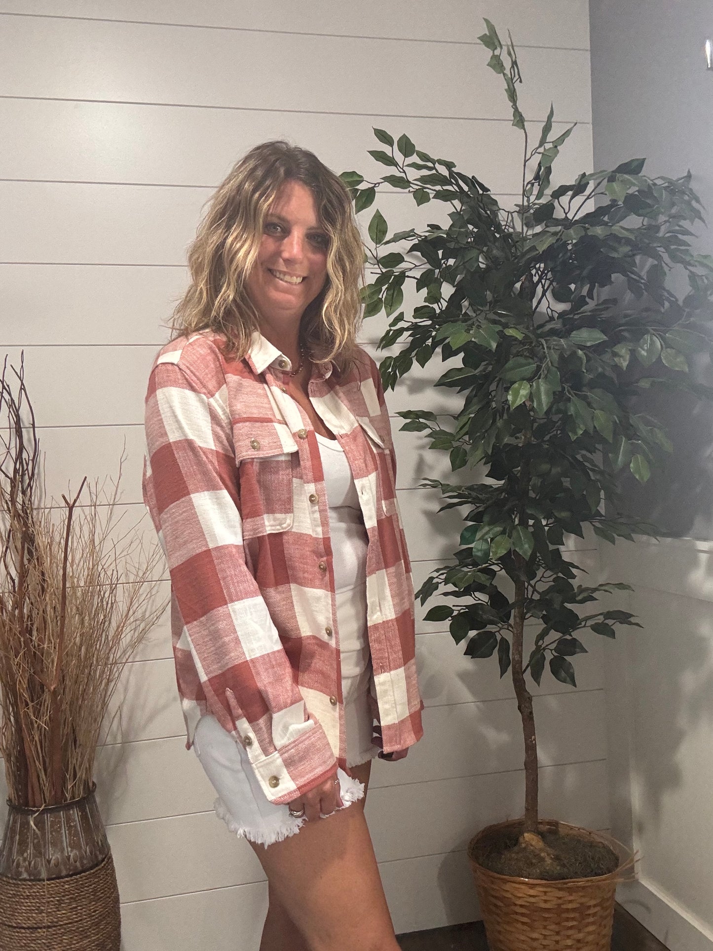 Fall Feels Button Down Flannel - baked clay