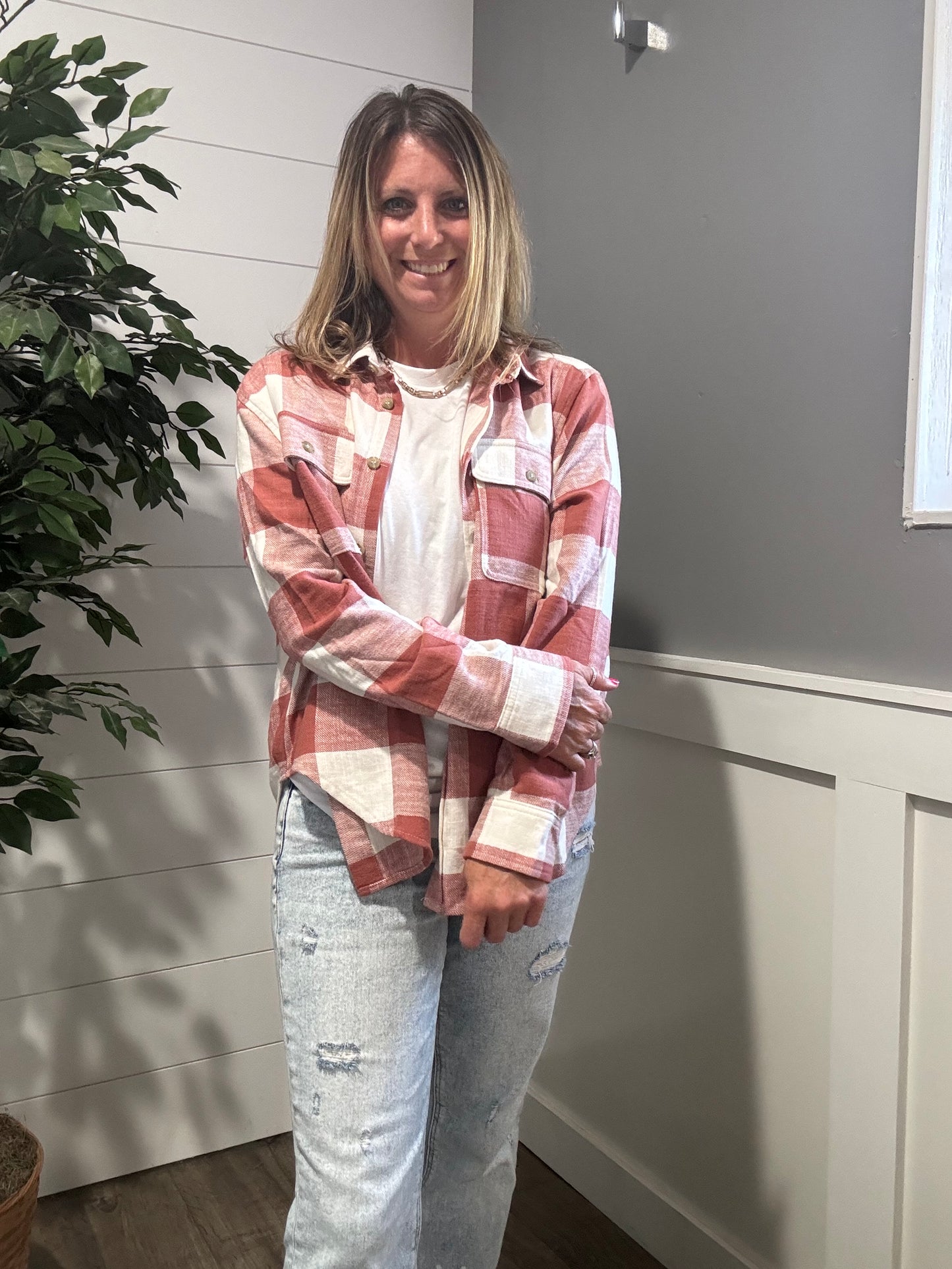 Fall Feels Button Down Flannel - baked clay