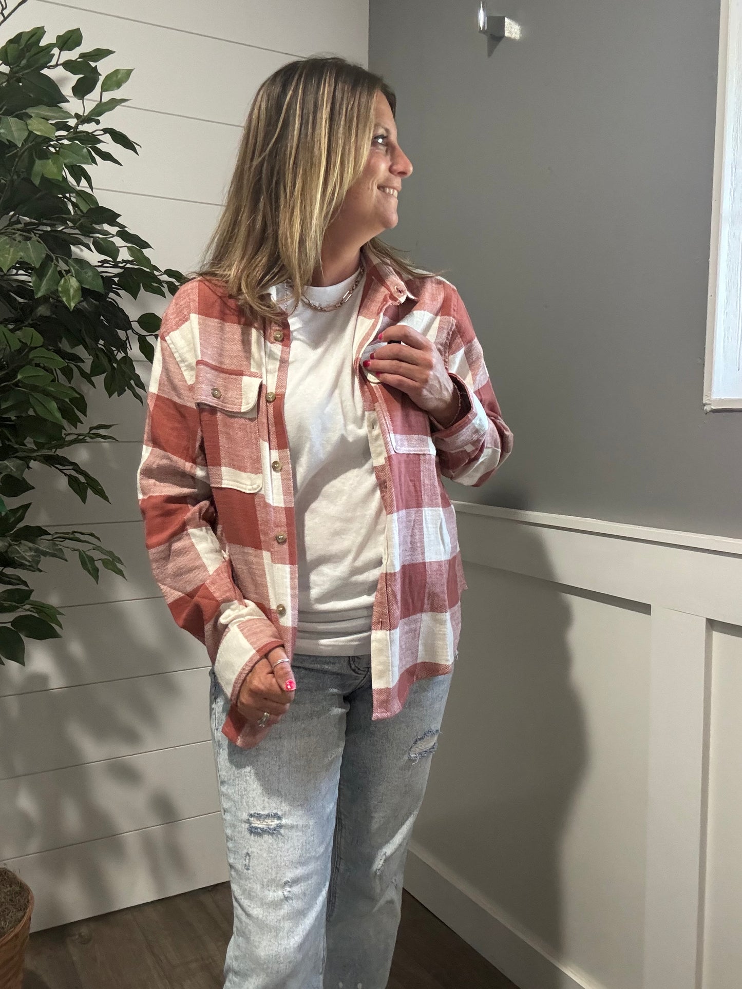 Fall Feels Button Down Flannel - baked clay