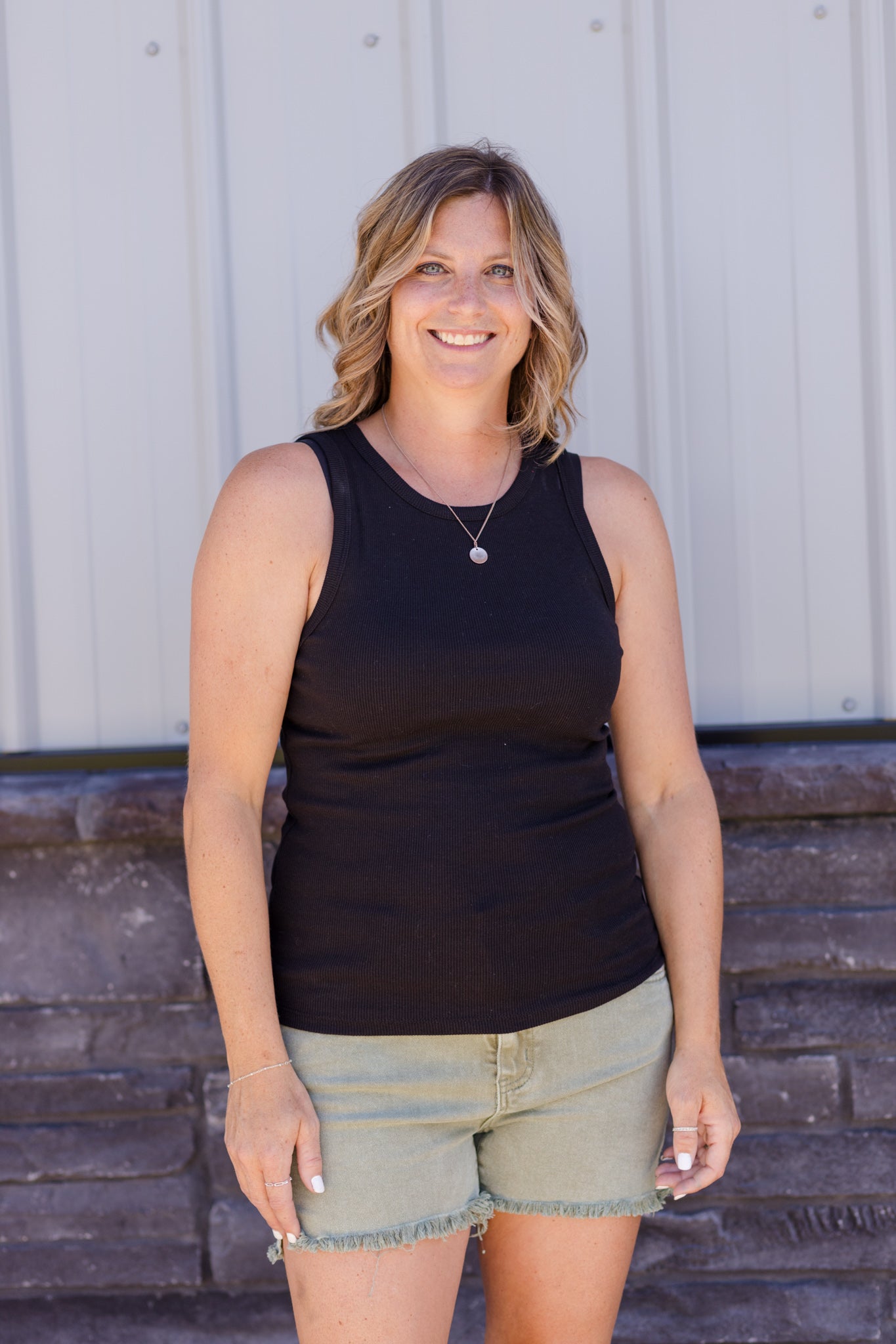 Basic High Neck Ribbed Tank Top - Black