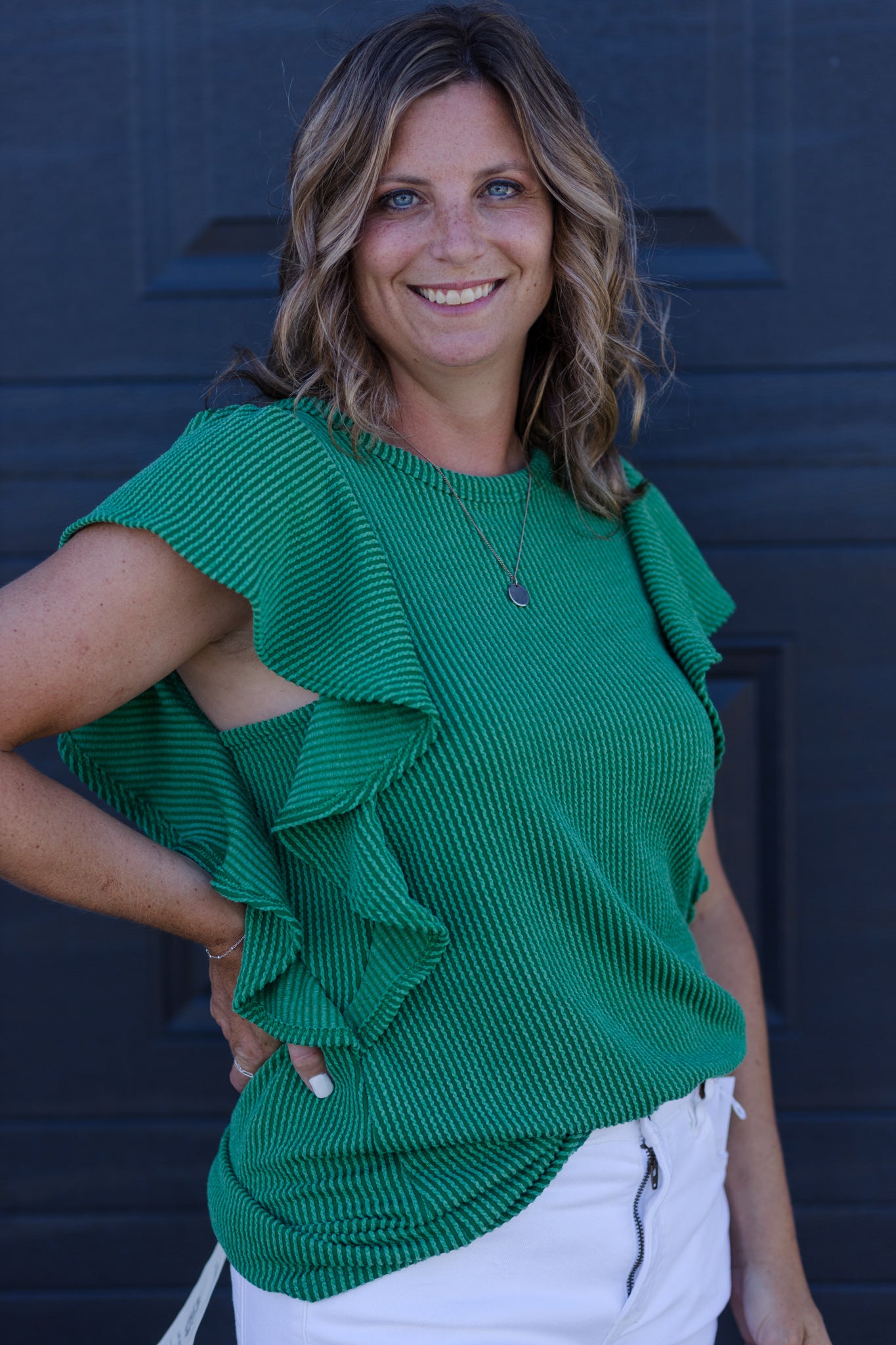 Ruffle Some Feathers Textured Top - Kelly green