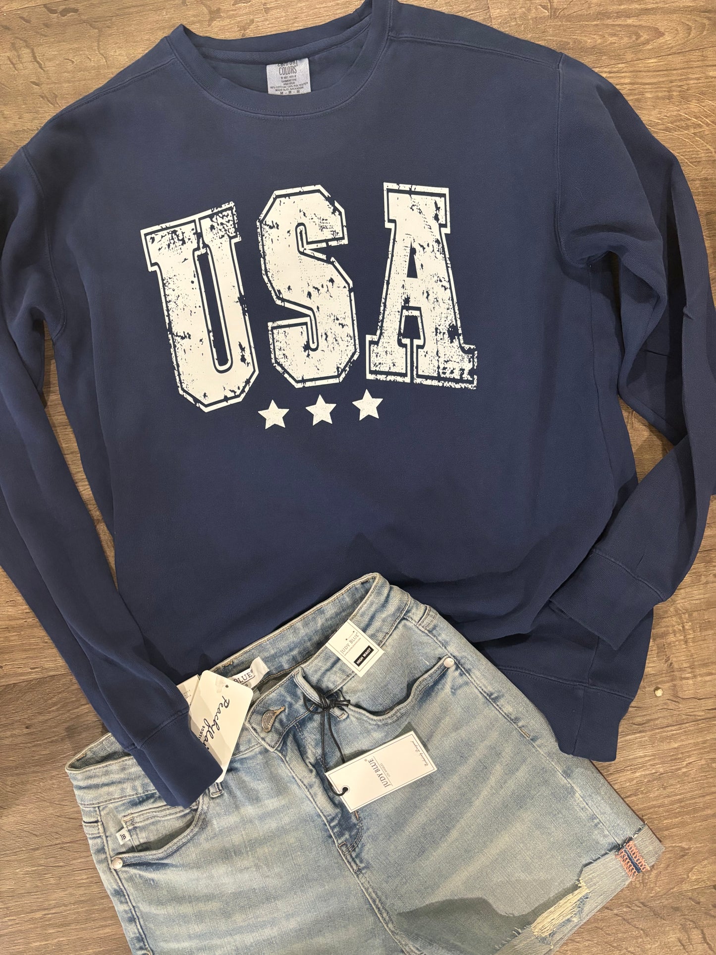 Distressed USA Sweatshirt- navy blue