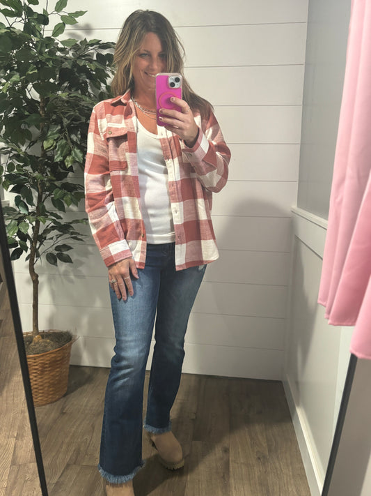 Fall Feels Button Down Flannel - baked clay