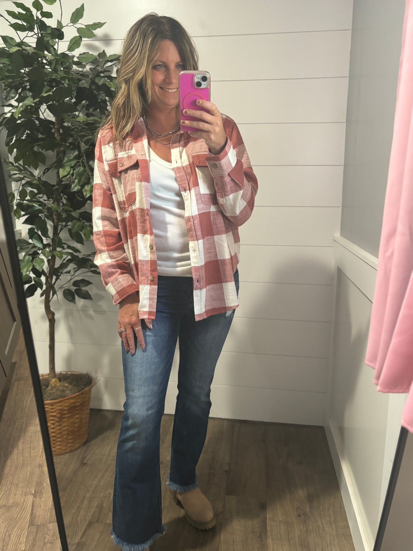 Fall Feels Button Down Flannel - baked clay