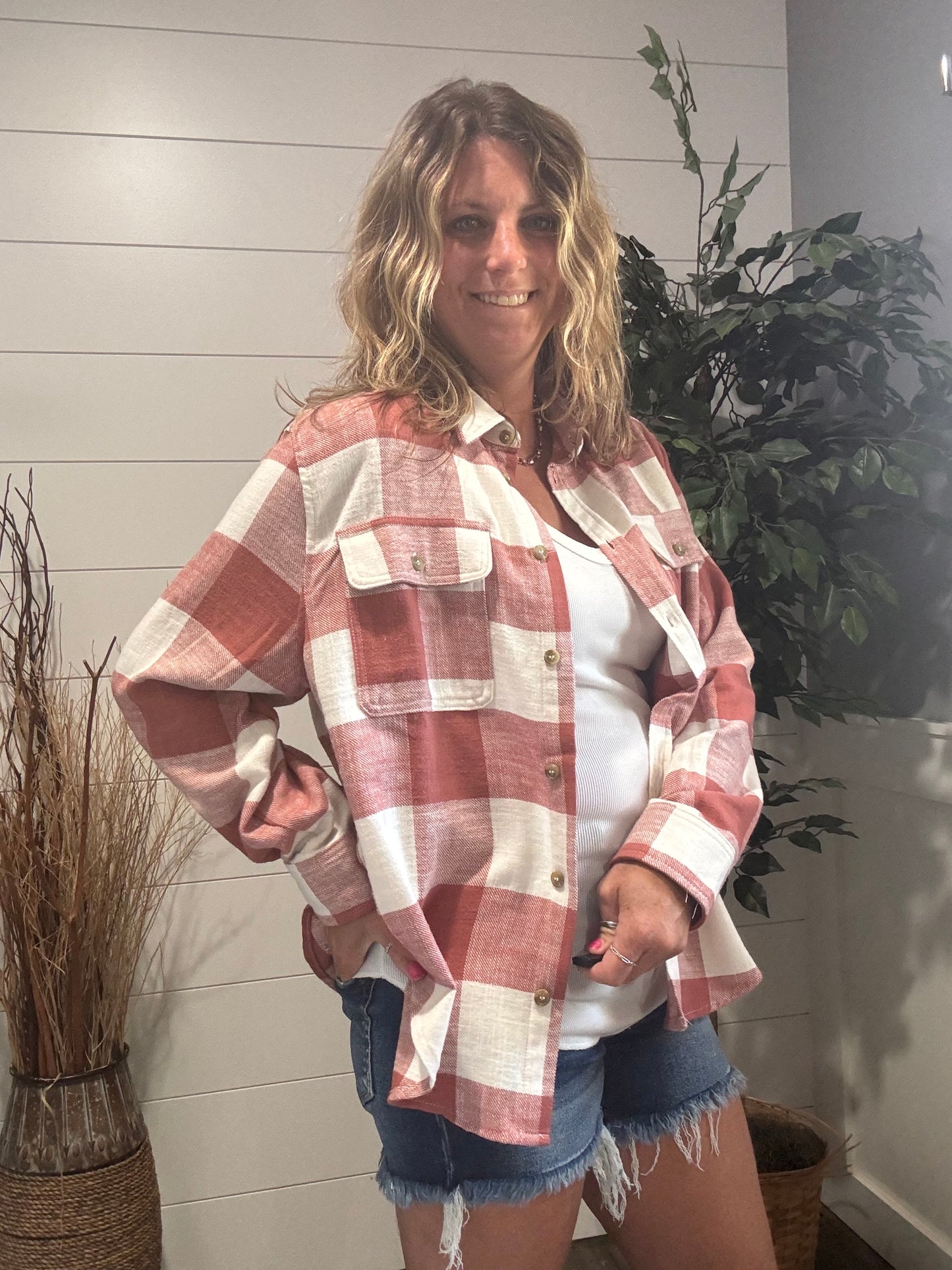 Fall Feels Button Down Flannel - baked clay