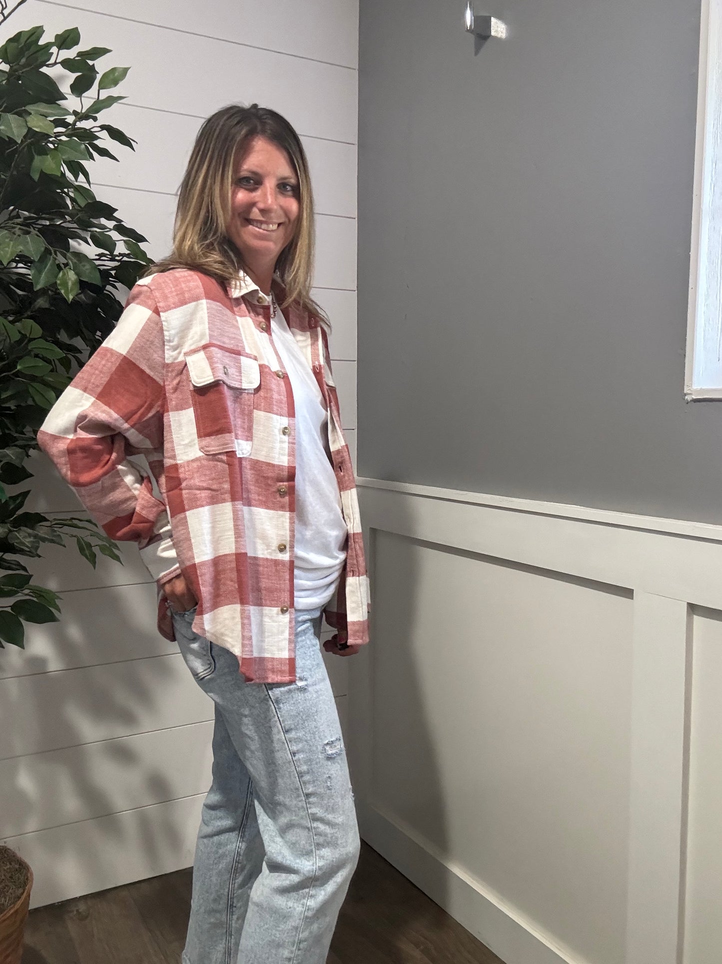 Fall Feels Button Down Flannel - baked clay