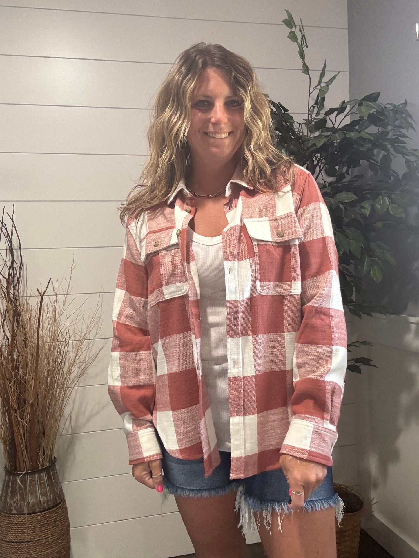 Fall Feels Button Down Flannel - baked clay