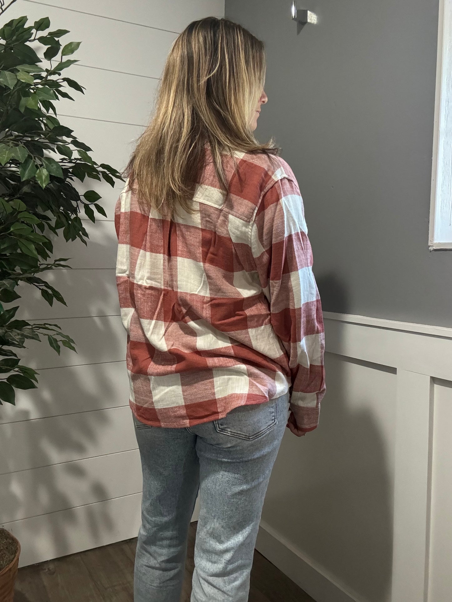 Fall Feels Button Down Flannel - baked clay